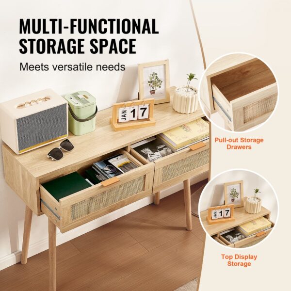 VEVOR Rattan-Konsolentisch mit 2 Schubladen, Rattan-Eingangstisch mit natürlicher Rattan-Schiebetür, Konsolen-Sofatisch für Wohnzimmer, Arbeitszimmer, Eingangsbereich oder Fernsehwand, Natur – Bild 3 VEVOR Rattan-Konsolentisch mit 2 Schubladen, Rattan-Eingangstisch mit natürlicher Rattan-Schiebetür, Konsolen-Sofatisch für Wohnzimmer, Arbeitszimmer, Eingangsbereich oder Fernsehwand, Natur – Bild 3