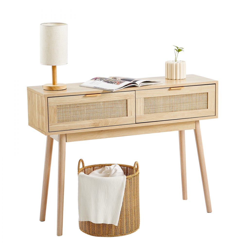 VEVOR Rattan-Konsolentisch mit 2 Schubladen, Rattan-Eingangstisch mit natürlicher Rattan-Schiebetür, Konsolen-Sofatisch für Wohnzimmer, Arbeitszimmer, Eingangsbereich oder Fernsehwand, Natur