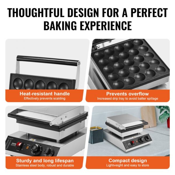 VEVOR Mini-Pfannkuchenmaker kommerzielle Dutch Mini Pfannkuchen Maschine, 25 Stk., 43 mm Durchmesser, Dorayaki-Backmaschine, 1700 W, Temperatur- und Zeitregelung, in Küchen, Cafés und Restaurants – Bild 5