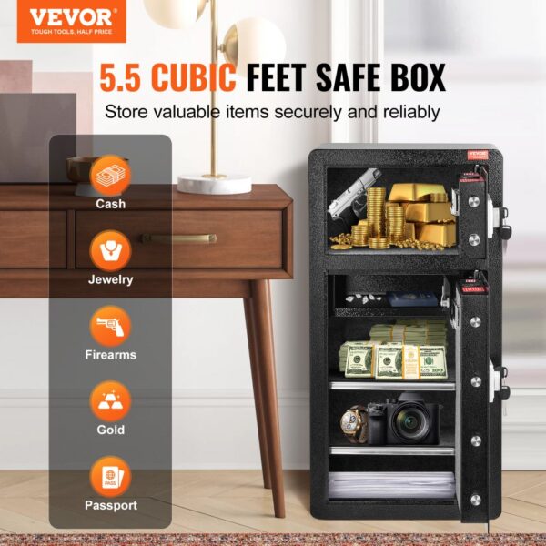 VEVOR Safe Tresor mit feuerfester Geldtasche, Doppeltüren-Safe 5,5 Kubikfuß, 2 höhenverstellbare Trennwände, digitaler Möbeltresor mit Schlüssel, Code, Safe für Geld Schmuck Wertsachen, Schwarz – Bild 2