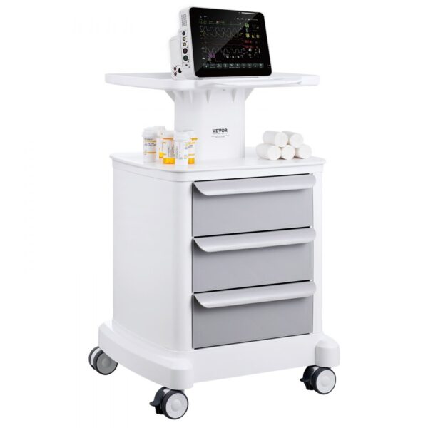 VEVOR Laborwagen mit 4 Ebenen, Laborwagen mit 3 Schubladen und 1 oberen Ablage, mobiler medizinischer Wagen aus ABS-Material, Laborrollwagen mit 4 leisen Rädern für Labor, Klinik, Krankenhaus, Salon, weiß