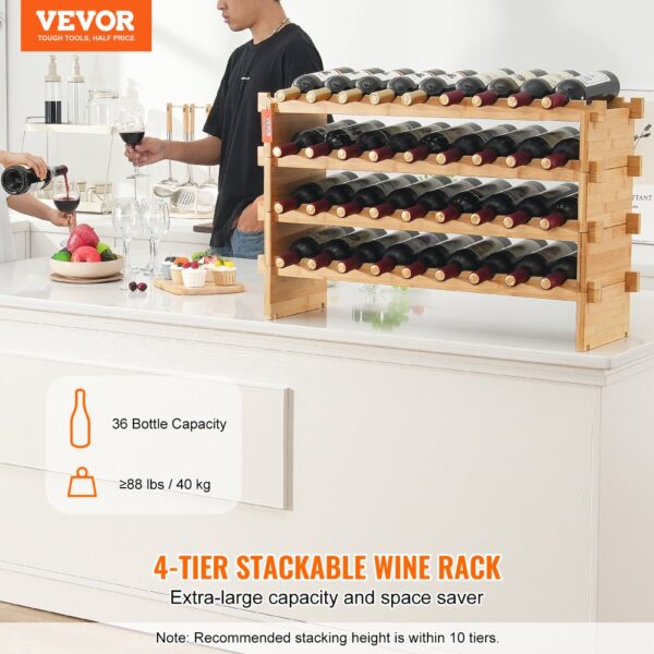 VEVOR Weinregal stapelbar 36 Flaschen, stabiles Flaschenregal, 4-stufiges Lagerregal aus massivem Bambusholz, freistehendes Weinregal, wackelfreie Regale für Küche, Bar und Keller (natürliche Farbe) – Bild 2