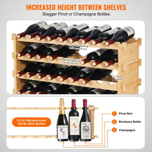 VEVOR Weinregal stapelbar 36 Flaschen, stabiles Flaschenregal, 4-stufiges Lagerregal aus massivem Bambusholz, freistehendes Weinregal, wackelfreie Regale für Küche, Bar und Keller (natürliche Farbe) – Bild 3
