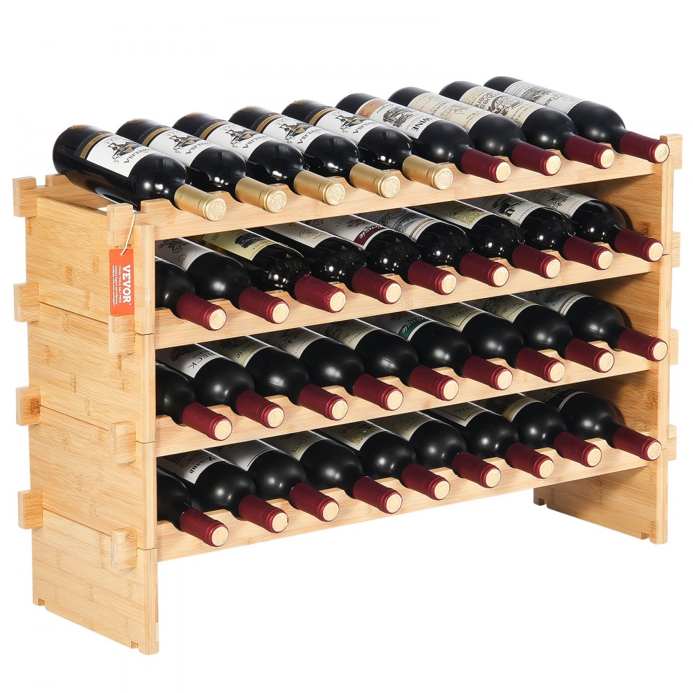 VEVOR Weinregal stapelbar 36 Flaschen, stabiles Flaschenregal, 4-stufiges Lagerregal aus massivem Bambusholz, freistehendes Weinregal, wackelfreie Regale für Küche, Bar und Keller (natürliche Farbe)