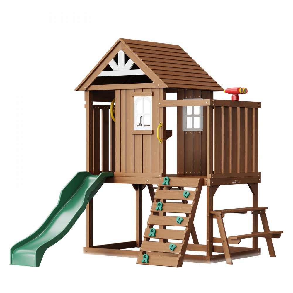 VEVOR Holzspielhaus Kinderspielhaus, Gartenhaus für Kinder ab 2 Jahren, Gartenspiele-Hütte, Spielhaus aus Zedernholz im Landhausstil mit Rutsche, Leiter, Kletterwand, Fenstern, Picknicktisch Outdoor
