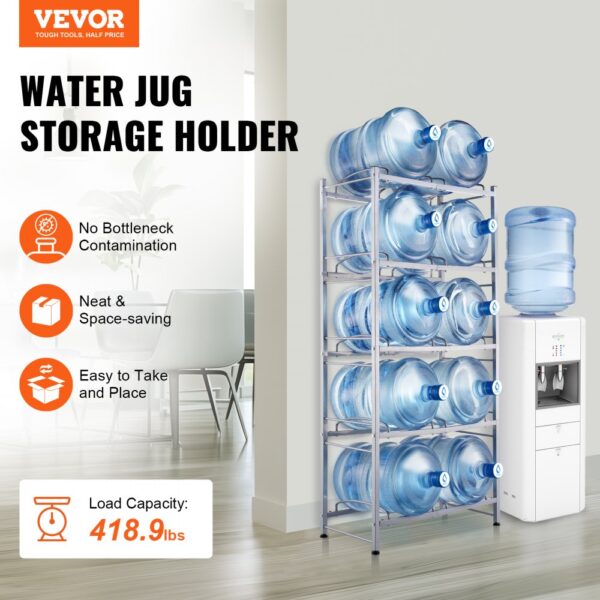 VEVOR Wasserkrughalter mit 5 Ebenen, 5-Gallonen-Wasserflaschenhalter, zweireihiges Wasserflaschenregal für 10 Flaschen, robustes Wasserkrugregal für Küche, Büro, Wohnzimmer, Silbergrau – Bild 2
