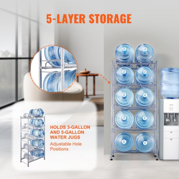 VEVOR Wasserkrughalter mit 5 Ebenen, 5-Gallonen-Wasserflaschenhalter, zweireihiges Wasserflaschenregal für 10 Flaschen, robustes Wasserkrugregal für Küche, Büro, Wohnzimmer, Silbergrau – Bild 3