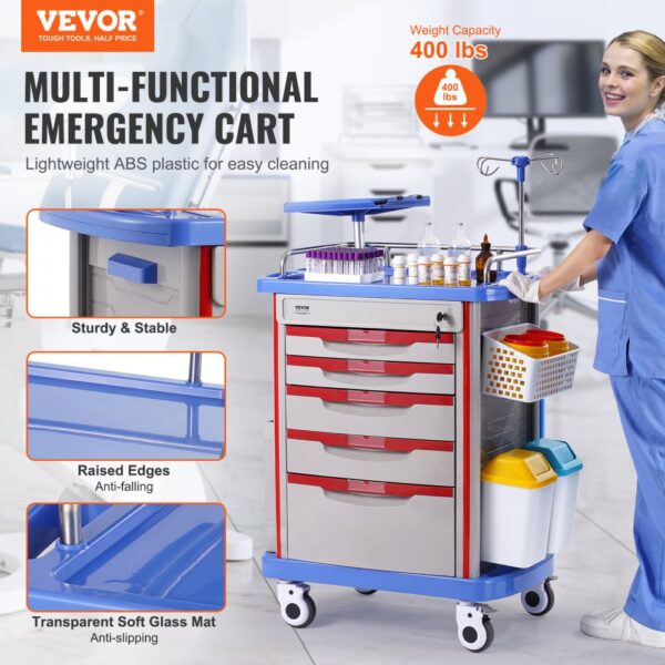 VEVOR Laborwagen Laborhilfswagen 5-stöckig, mobiler medizinischer Wagen aus PP-Material, mit 4 leisen Rädern & 5 Schubladen, Laborrollwagen Salonwagen für Labor, Klinik, Krankenhaus, Salon, Blau – Bild 2