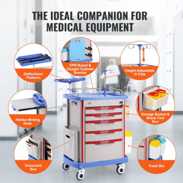 VEVOR Laborwagen Laborhilfswagen 5-stöckig, mobiler medizinischer Wagen aus PP-Material, mit 4 leisen Rädern & 5 Schubladen, Laborrollwagen Salonwagen für Labor, Klinik, Krankenhaus, Salon, Blau – Bild 4