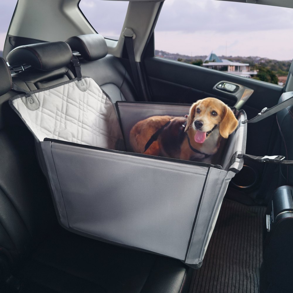 VEVOR Hundeautositz, wasserdichter Hundesitzerhöhung fürs Auto mit Stützrahmen, Haustierautositz mit ansteckbarer Sicherheitsleine, Hundeautobett für kleine, mittelgroße und große Hunde bis 22 kg, grau