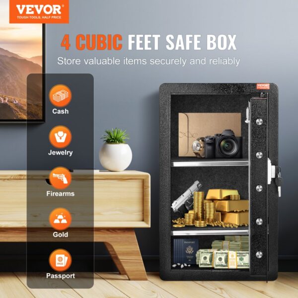 VEVOR Safe Tresor mit feuerfester Geldtasche, Einzeltür-Safe 113 L, 2 Trennwände, digitaler Möbeltresor mit Schlüssel, Code und Fingerabdruck, Wertsachenbox für Geld und Schmuck, Geldtresor Schwarz – Bild 2