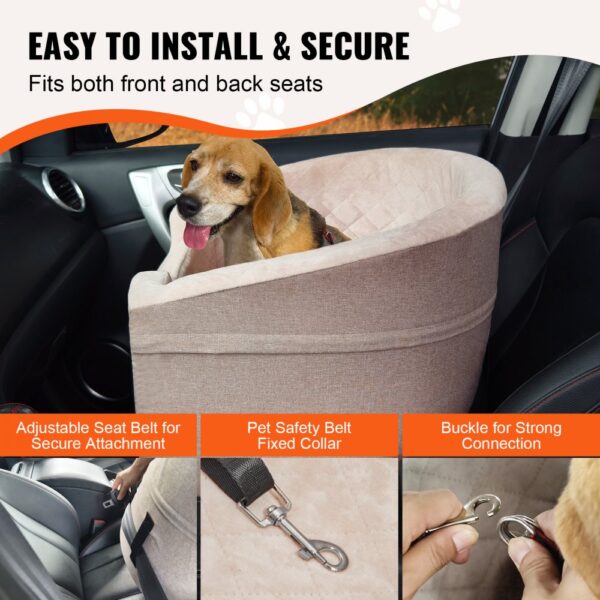 VEVOR Hundeautositz Hundesitzerhöhung fürs Auto mit Aufbewahrungstasche, ansteckbarer Sicherheitsleine und Schwammfüllung, Hundeautobett für kleine und mittelgroße Hunde bis 25 kg, braun – Bild 4