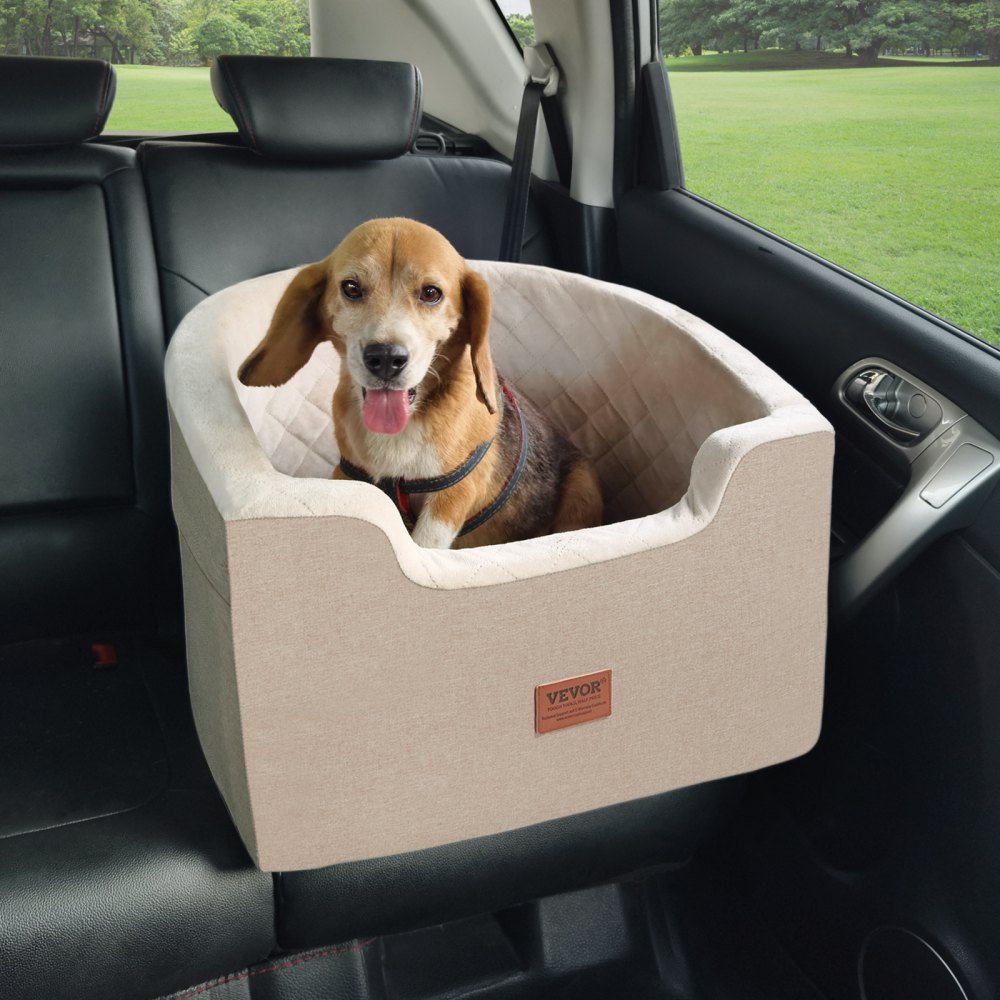 VEVOR Hundeautositz Hundesitzerhöhung fürs Auto mit Aufbewahrungstasche, ansteckbarer Sicherheitsleine und Schwammfüllung, Hundeautobett für kleine und mittelgroße Hunde bis 25 kg, braun