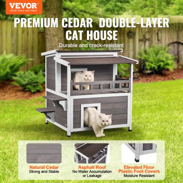 VEVOR Katzenhaus für draußen, wetterfest, Unterschlupf für Wildkatzen für mehrere Katzen, großes 2-stöckiges Katzenhaus aus Holz für draußen mit Balkon, Türen, PVC-Türklappen und offenem Dach, 76,2 cm L x 76,2 cm B x 81,3 cm H – Bild 2