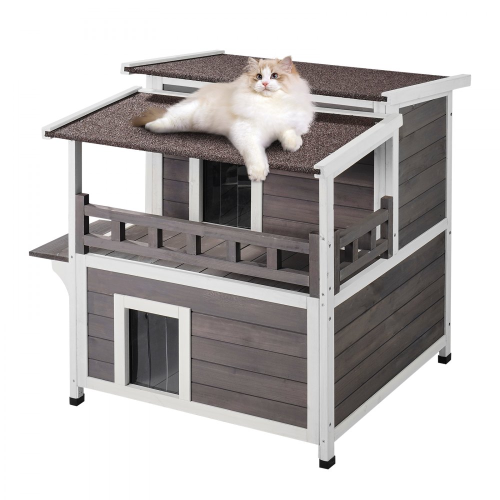 VEVOR Katzenhaus für draußen, wetterfest, Unterschlupf für Wildkatzen für mehrere Katzen, großes 2-stöckiges Katzenhaus aus Holz für draußen mit Balkon, Türen, PVC-Türklappen und offenem Dach, 76,2 cm L x 76,2 cm B x 81,3 cm H