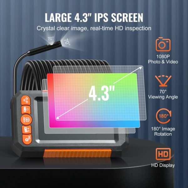 VEVOR Kanalkamera Endoskopkamera Inspektionskamera 1080P Rohrkamera 5m Kabel 4,3" Display – Bild 3