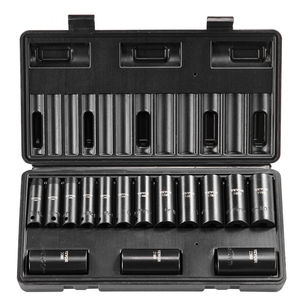 VEVOR Steckschlüsselsatz Schlagsteckschlüsselsatz 3/8 Zoll, 15-teiliger tiefer Steckschlüsselsatz metrisch 8-22 mm, 6-Punkt-Cr-Mo-Legierungsstahl für Autoreparaturen, inkl. Werkzeugkoffer