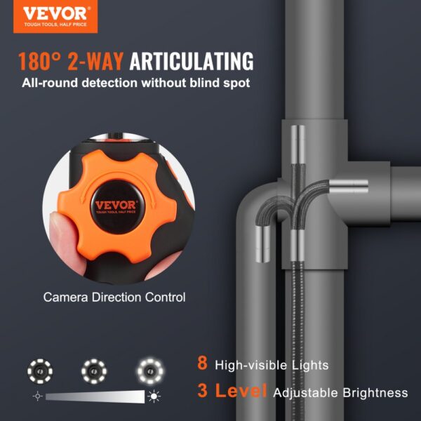 VEVOR Gelenk-Endoskopkamera mit Licht, Zweiwege-Gelenk-Endoskop-Inspektionskamera mit 6,4 mm kleinem Objektiv, 5 Zoll IPS 1080P HD-Bildschirm, 8-facher Zoom, 8 LED-Lichtkamera für Auto, Sanitär (4,9 Fuß) – Bild 2
