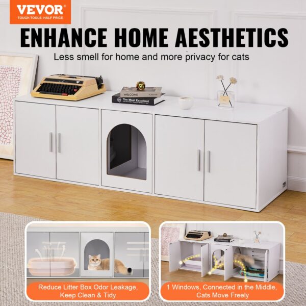 VEVOR Katzentoilettengehäuse für 2 Katzen, Katzentoilettenmöbel versteckt mit Doppelzimmern, Katzentoilettenschrank aus Holz passt in die meisten Katzentoiletten, 57,9"L x 18,3"B x 17,9"H, weiß – Bild 2