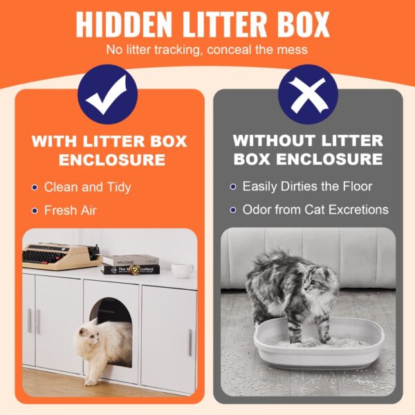 VEVOR Katzentoilettengehäuse für 2 Katzen, Katzentoilettenmöbel versteckt mit Doppelzimmern, Katzentoilettenschrank aus Holz passt in die meisten Katzentoiletten, 57,9"L x 18,3"B x 17,9"H, weiß – Bild 3