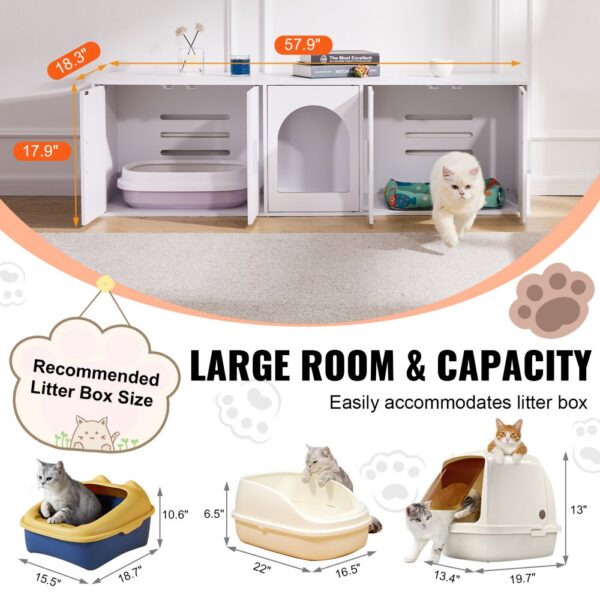 VEVOR Katzentoilettengehäuse für 2 Katzen, Katzentoilettenmöbel versteckt mit Doppelzimmern, Katzentoilettenschrank aus Holz passt in die meisten Katzentoiletten, 57,9"L x 18,3"B x 17,9"H, weiß – Bild 4