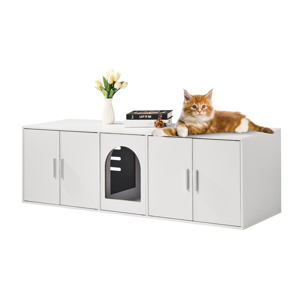 VEVOR Katzentoilettengehäuse für 2 Katzen, Katzentoilettenmöbel versteckt mit Doppelzimmern, Katzentoilettenschrank aus Holz passt in die meisten Katzentoiletten, 57,9"L x 18,3"B x 17,9"H, weiß
