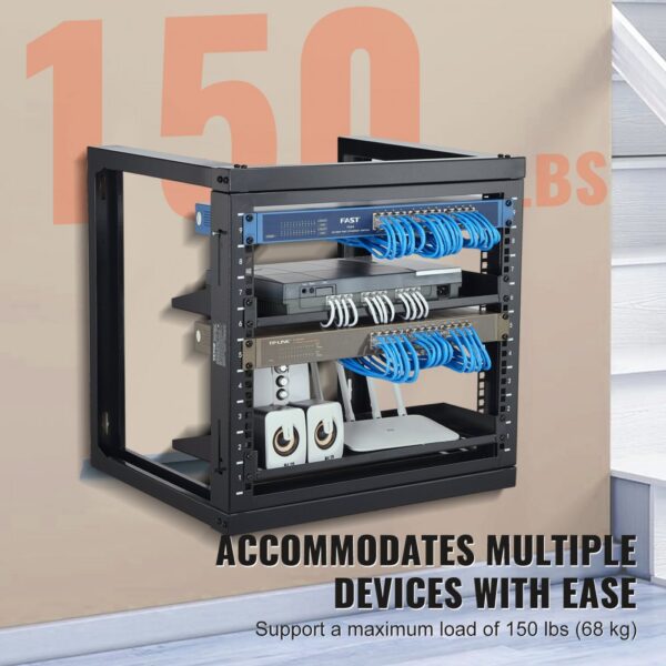 VEVOR 9U-Rack zur Wandmontage, 150 lbs/68,04 kg maximale Tragkraft, Server-Netzwerk-Rack mit offenem Rahmen und Käfigmutternschrauben, Karbonstahl 20,9 x 17,7 x 20,5 Zoll für 19 Zoll/482,6 mm AV- und Server-IT-Geräte, schwarz – Bild 3