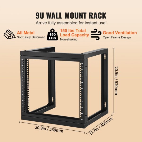 VEVOR 9U-Rack zur Wandmontage, 150 lbs/68,04 kg maximale Tragkraft, Server-Netzwerk-Rack mit offenem Rahmen und Käfigmutternschrauben, Karbonstahl 20,9 x 17,7 x 20,5 Zoll für 19 Zoll/482,6 mm AV- und Server-IT-Geräte, schwarz – Bild 4