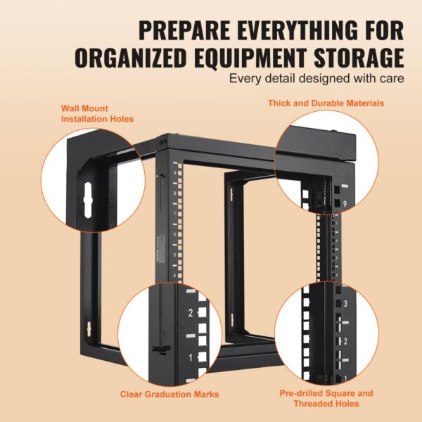 VEVOR 9U-Rack zur Wandmontage, 150 lbs/68,04 kg maximale Tragkraft, Server-Netzwerk-Rack mit offenem Rahmen und Käfigmutternschrauben, Karbonstahl 20,9 x 17,7 x 20,5 Zoll für 19 Zoll/482,6 mm AV- und Server-IT-Geräte, schwarz – Bild 5