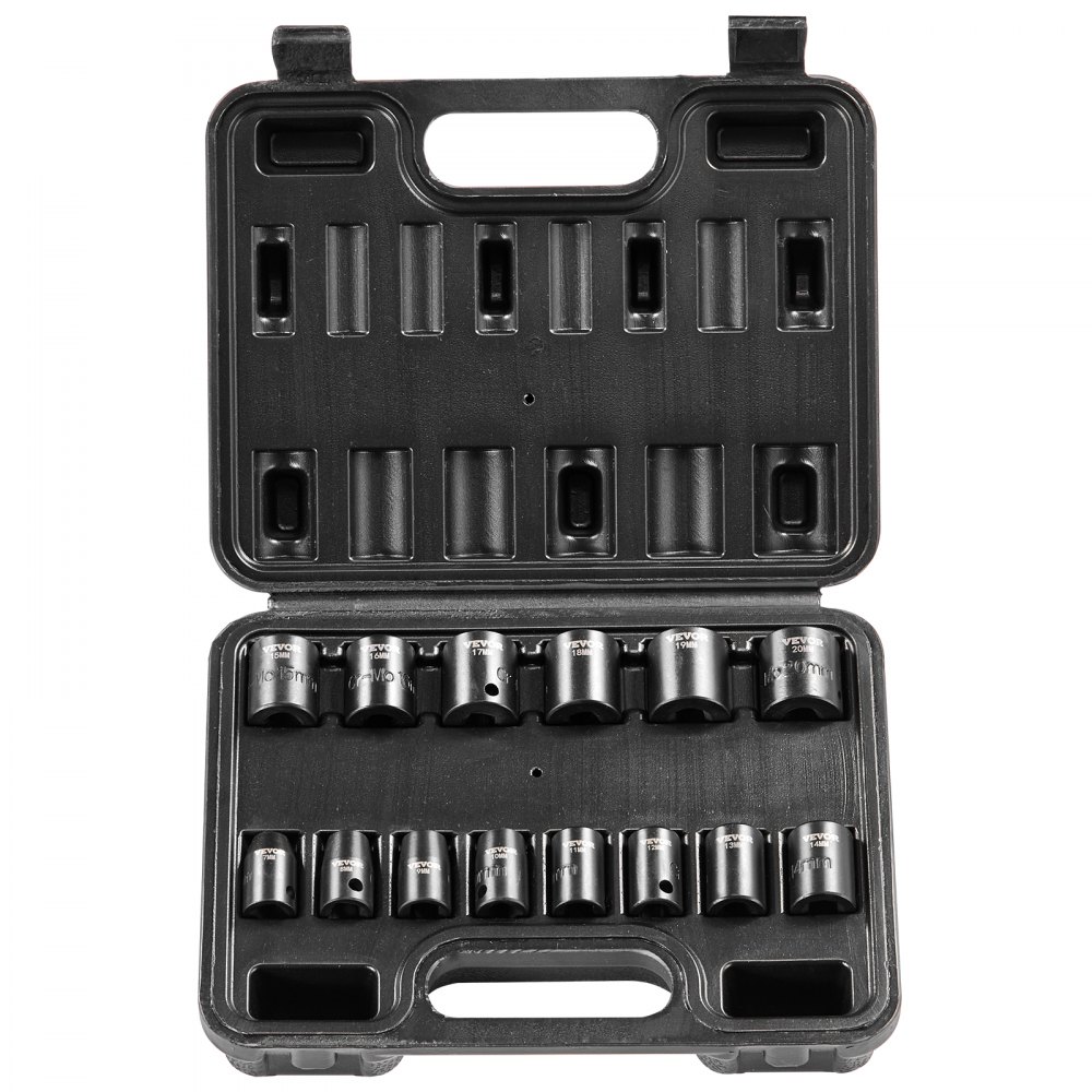 VEVOR 3/8-Zoll-Schlagsteckschlüsselsatz, 14-teiliger flacher Steckschlüsselsatz metrisch 7–20 mm, 6-Punkt-Cr-Mo-Legierungsstahl für Autoreparatur, leicht lesbare Größenmarkierungen, robuste Konstruktion, inklusive Aufbewahrungskoffer