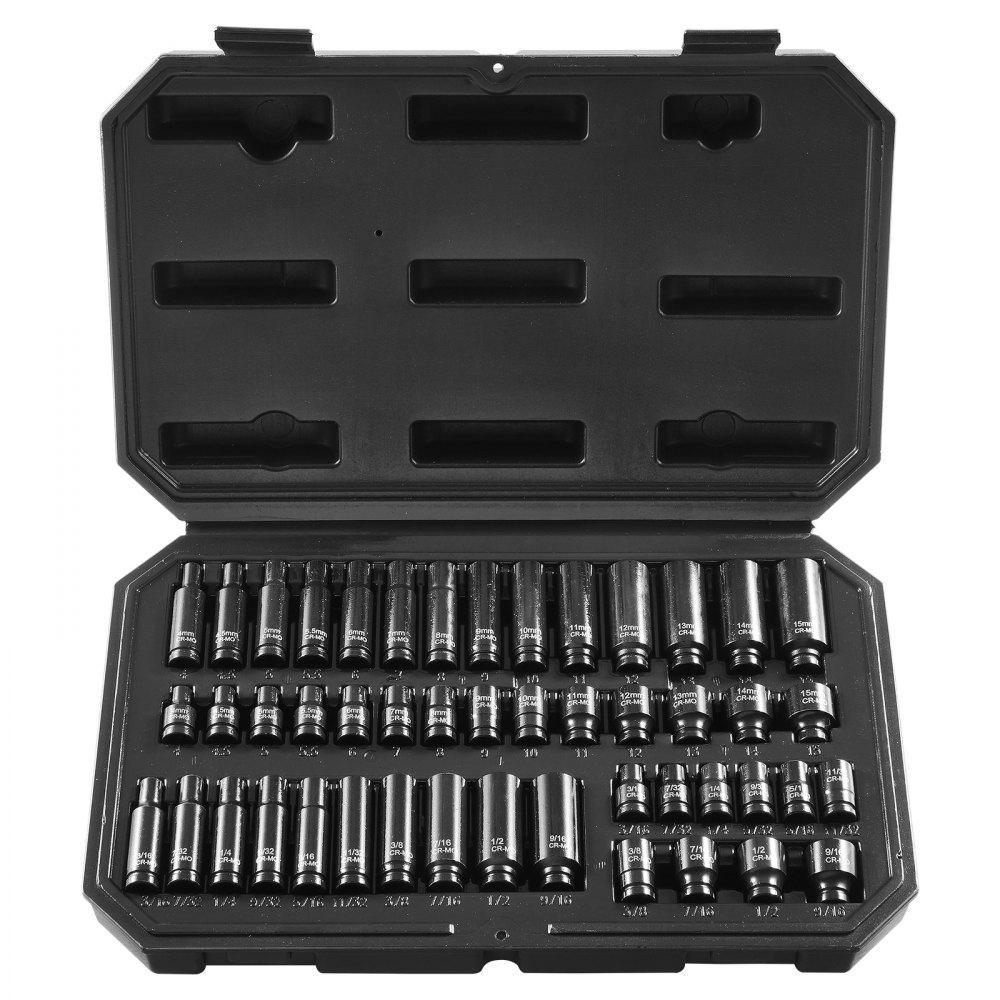 VEVOR 1/4 Zoll Schlagsteckschlüsselsatz 48-teiliger tiefer und flacher Steckschlüsselsatz SAE 3/16-9/16 Zoll & metrisch 4-15 mm, 6 Kant Cr-Mo-Legierungsstahl für Autoreparaturen mit Werkzeugkoffer