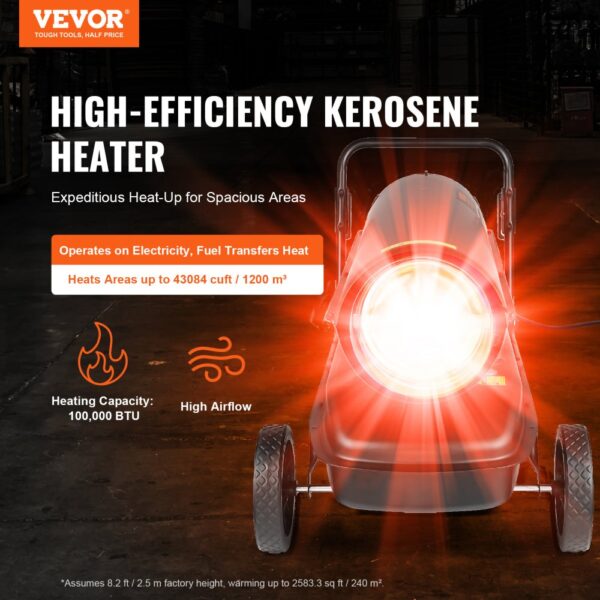 VEVOR Kerosin-/Diesel-Warmluftheizung, 100.000 BTU Torpedo-Raumheizer, tragbar mit Thermostatregelung, 38-Liter-Tank, effizienter Kerosinheizer für den Innen- und Außenbereich für Zuhause, Baustelle, Industrie, Werkstätten, Schwarz – Bild 2