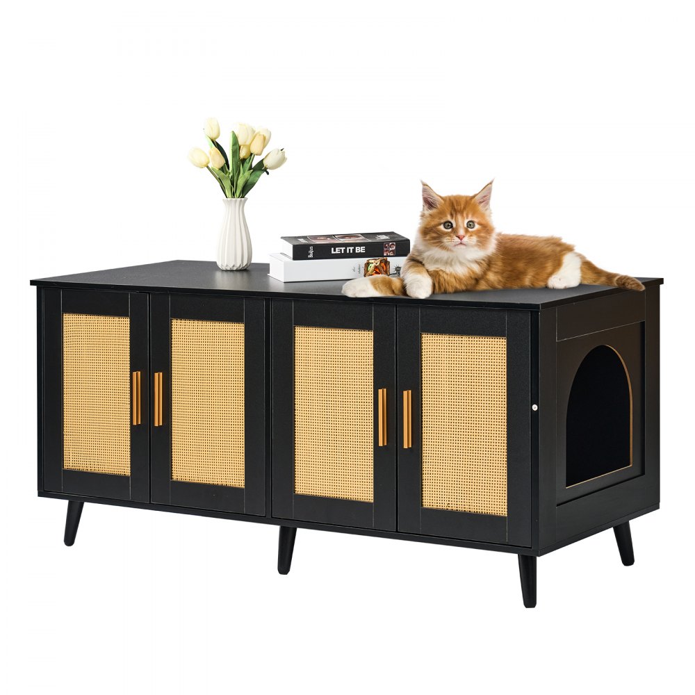 VEVOR Katzentoilettengehäuse für 2 Katzen, Katzentoilettenmöbel versteckt mit Rattan-verzierten Türen, Katzentoilettenschrank aus Holz passt in die meisten Katzentoiletten, 119,4 cm L x 40,1 cm B x 55,6 cm H, schwarz
