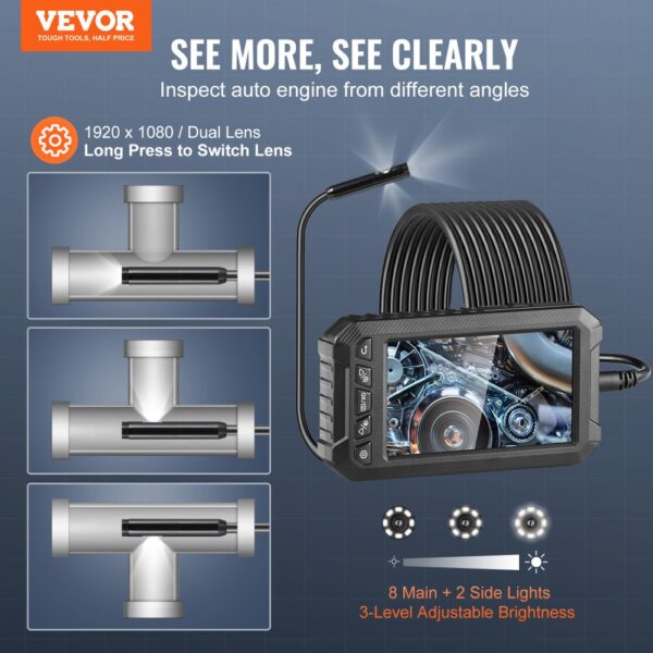 VEVOR Endoskopkamera mit Licht, Industrie-Endoskop mit Dreifachlinse, 5-Zoll-Bildschirm, 1080P-Inspektionskamera, 8 + 2 Lichter, IP67 wasserdichte Schlangenkamera für Autos, Sanitäranlagen (5 m Kabel, 32 GB Karte) – Bild 2
