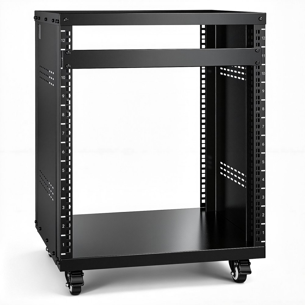 VEVOR 12U AV-Rack-Ständer, 500 lbs Kapazität, Netzwerk-Stereo-Aufnahmestudio-Rack mit feststellbaren Lenkrollen, runden und quadratischen Löchern, speziellen Belüftungsöffnungen für die Montage von 19-Zoll-Audio-, Video-, Musik- und IT-Geräten