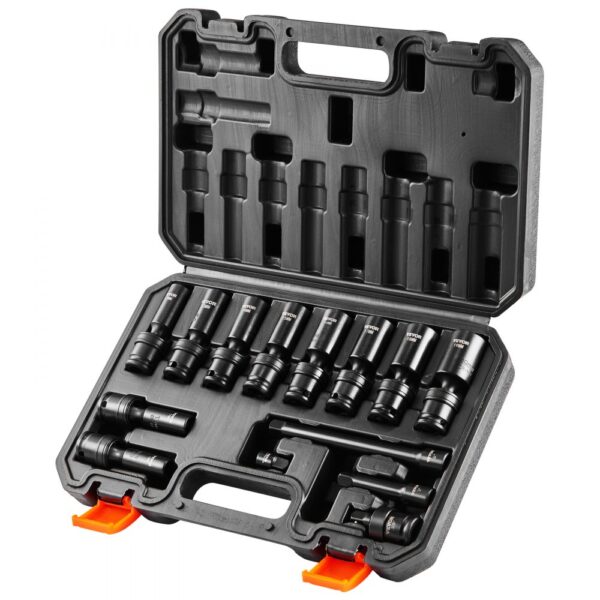 VEVOR drehbarer Schlagschrauber Steckschlüsselsatz 14-teiliger Universal-Steckschlüsselsatz, 3/8 Zoll Antrieb metrisch 10–19 mm, 6-kant Cr-Mo-Legierungsstahl Steckschlüsselsatz für Autoreparatur
