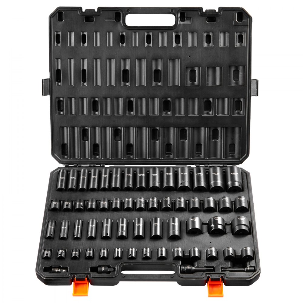 VEVOR 3/8 & 1/2 Zoll Antriebs-Schlagschrauber-Steckschlüsselsatz, 59-teiliger Steckschlüsselsatz SAE 5/16 bis 1-1/4 Zoll und metrisch 6-32 mm, 6-Punkt Cr-Mo-Legierungsstahl für Autoreparatur