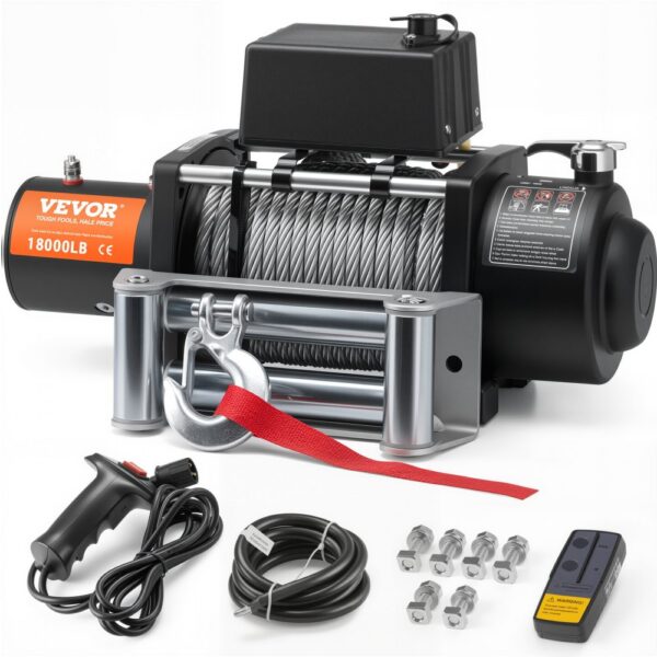 VEVOR Elektrische Seilwinde, 18.000 lb, 12 V DC LKW-Winde mit Φ7/16 Zoll x 85 Fuß Stahlkabel-Rollenführung, kabellose und kabelgebundene Fernbedienung, IP55 wasserdicht zum Abschleppen von Geländewagen, Jeeps, LKWs, Anhängern und Booten