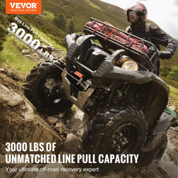 VEVOR Elektrische Seilwinde, 3000 lb Zugkraft, 12 V DC für ATV/UTV, mit Φ3/16 Zoll x 39 Fuß Stahlkabel, Rollenseilführung, Kabelfernbedienung, IP55 Wasserbeständigkeit, Ideal für UTV ATV Offroad-Bergung – Bild 2 VEVOR Elektrische Seilwinde, 3000 lb Zugkraft, 12 V DC für ATV/UTV, mit Φ3/16 Zoll x 39 Fuß Stahlkabel, Rollenseilführung, Kabelfernbedienung, IP55 Wasserbeständigkeit, Ideal für UTV ATV Offroad-Bergung – Bild 2