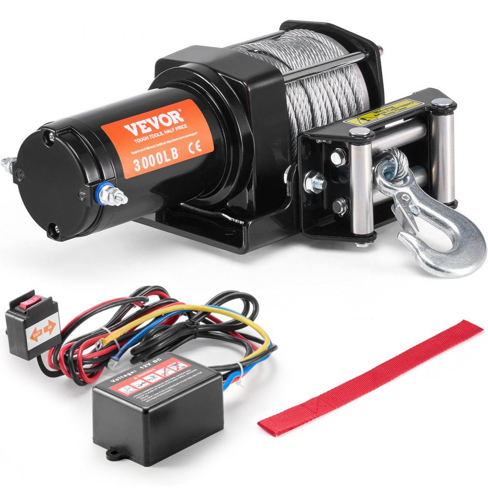 VEVOR Elektrische Seilwinde, 3000 lb Zugkraft, 12 V DC für ATV/UTV, mit Φ3/16 Zoll x 39 Fuß Stahlkabel, Rollenseilführung, Kabelfernbedienung, IP55 Wasserbeständigkeit, Ideal für UTV ATV Offroad-Bergung