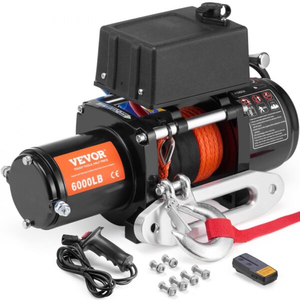 VEVOR Elektrische Seilwinde, 6000 lb Tragkraft, 12 V DC für LKWs mit 1/4 Zoll x 55 Fuß Synthetikseil, Aluminium-Seilführung, zwei Fernbedienungsoptionen, IP55-Wasserbeständigkeit, ideal zum Schleppen von SUVs, LKWs, Jeeps, Anhängern und Booten