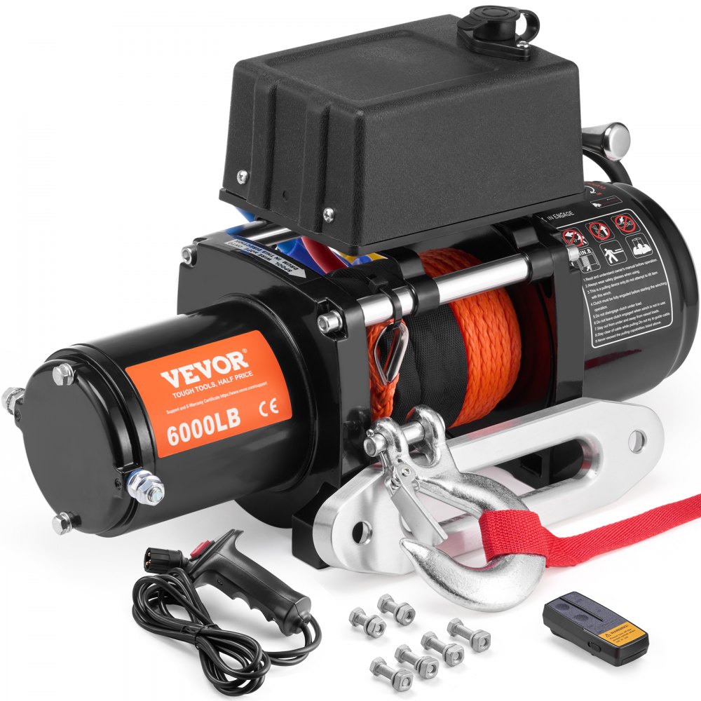 VEVOR Elektrische Seilwinde, 6000 lb Tragkraft, 12 V DC für LKWs mit 1/4 Zoll x 55 Fuß Synthetikseil, Aluminium-Seilführung, zwei Fernbedienungsoptionen, IP55-Wasserbeständigkeit, ideal zum Schleppen von SUVs, LKWs, Jeeps, Anhängern und Booten
