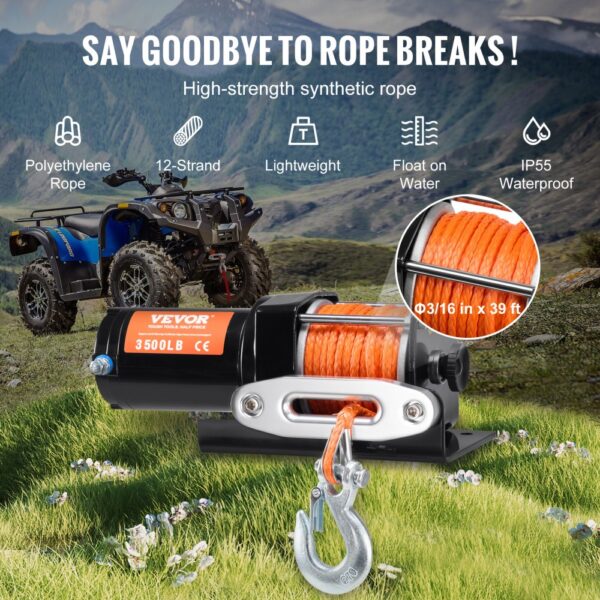 VEVOR Elektrische Seilwinde, 3500 lb Seilzugkapazität, 12 V DC ATV/UTV-Winde mit Φ3/16 Zoll x 39 Fuß 12 Strängen Synthetikseil, Aluminium-Seilführung, kabelgebundene Fernbedienung, IP55 wasserdicht zum Schleppen von UTV, ATV, Boot – Bild 4 VEVOR Elektrische Seilwinde, 3500 lb Seilzugkapazität, 12 V DC ATV/UTV-Winde mit Φ3/16 Zoll x 39 Fuß 12 Strängen Synthetikseil, Aluminium-Seilführung, kabelgebundene Fernbedienung, IP55 wasserdicht zum Schleppen von UTV, ATV, Boot – Bild 4