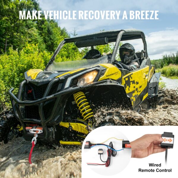 VEVOR Elektrische Seilwinde, 3500 lb Seilzugkapazität, 12 V DC ATV/UTV-Winde mit Φ3/16 Zoll x 39 Fuß 12 Strängen Synthetikseil, Aluminium-Seilführung, kabelgebundene Fernbedienung, IP55 wasserdicht zum Schleppen von UTV, ATV, Boot – Bild 5 VEVOR Elektrische Seilwinde, 3500 lb Seilzugkapazität, 12 V DC ATV/UTV-Winde mit Φ3/16 Zoll x 39 Fuß 12 Strängen Synthetikseil, Aluminium-Seilführung, kabelgebundene Fernbedienung, IP55 wasserdicht zum Schleppen von UTV, ATV, Boot – Bild 5