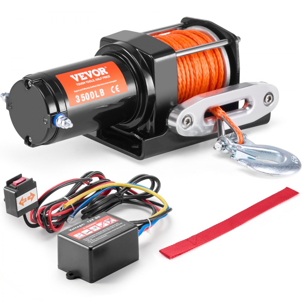 VEVOR Elektrische Seilwinde, 3500 lb Seilzugkapazität, 12 V DC ATV/UTV-Winde mit Φ3/16 Zoll x 39 Fuß 12 Strängen Synthetikseil, Aluminium-Seilführung, kabelgebundene Fernbedienung, IP55 wasserdicht zum Schleppen von UTV, ATV, Boot