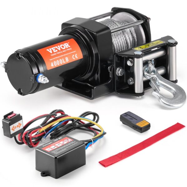 VEVOR Elektrische Seilwinde, 4000 lb Seilzugkapazität, 12 V DC ATV/UTV-Winde mit Φ3/16 Zoll x 39 Fuß 7-Strang-Stahlkabel-Rollenführung, kabellose und kabelgebundene Fernbedienung, IP55 wasserdicht zum Abschleppen von UTV ATV