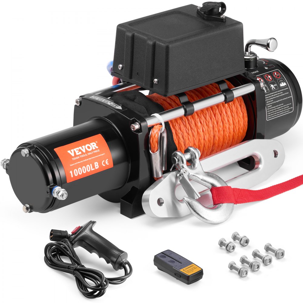 VEVOR Elektrische Seilwinde, 10.000 lb, 12 V DC LKW-Winde mit Φ7/20 Zoll x 65 Fuß Synthetikseil, Aluminium-Seilführung, kabellose und kabelgebundene Fernbedienung, IP55 wasserdicht zum Schleppen von Geländewagen, Jeeps, Anhängern und Booten