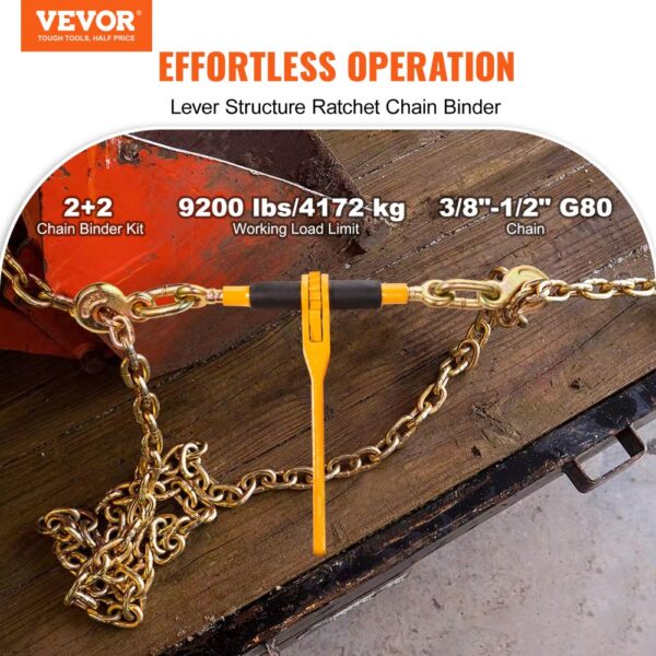 VEVOR Ketten- und Binder-Set, 3/8"-1/2" Ratschenlastbinder 9200 lbs Arbeitslastgrenze, 3/8" x 10' G80 Ketten mit Greifhaken, Ratschenbinder und Ketten für LKW, Festzurren, Transportieren, Abschleppen, 2er Set – Bild 2