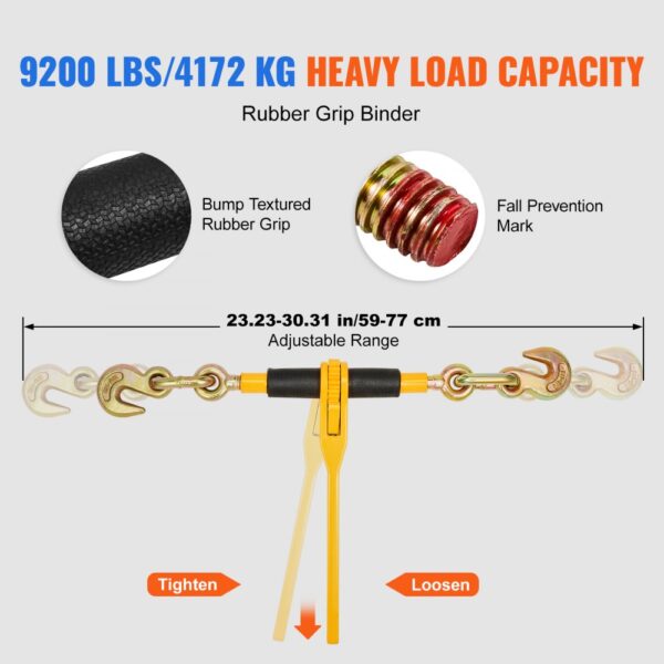 VEVOR Ketten- und Binder-Set, 3/8"-1/2" Ratschenlastbinder 9200 lbs Arbeitslastgrenze, 3/8" x 10' G80 Ketten mit Greifhaken, Ratschenbinder und Ketten für LKW, Festzurren, Transportieren, Abschleppen, 2er Set – Bild 4