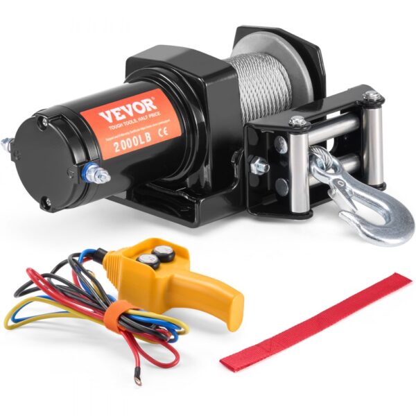 VEVOR Elektrische Seilwinde, 2000 lb Seilzugkapazität, 12 V DC ATV/UTV-Winde mit Φ5/32 in x 39 ft 7-Strang-Stahlkabelrolle, Kabelfernbedienung, IP55 wasserdicht zum Abschleppen von UTV ATV im Gelände